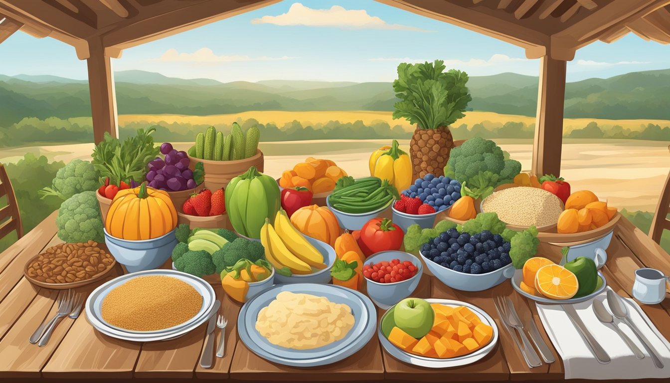 A colorful Texas-themed table setting with a variety of fresh fruits, vegetables, and whole grains, surrounded by a warm and inviting atmosphere