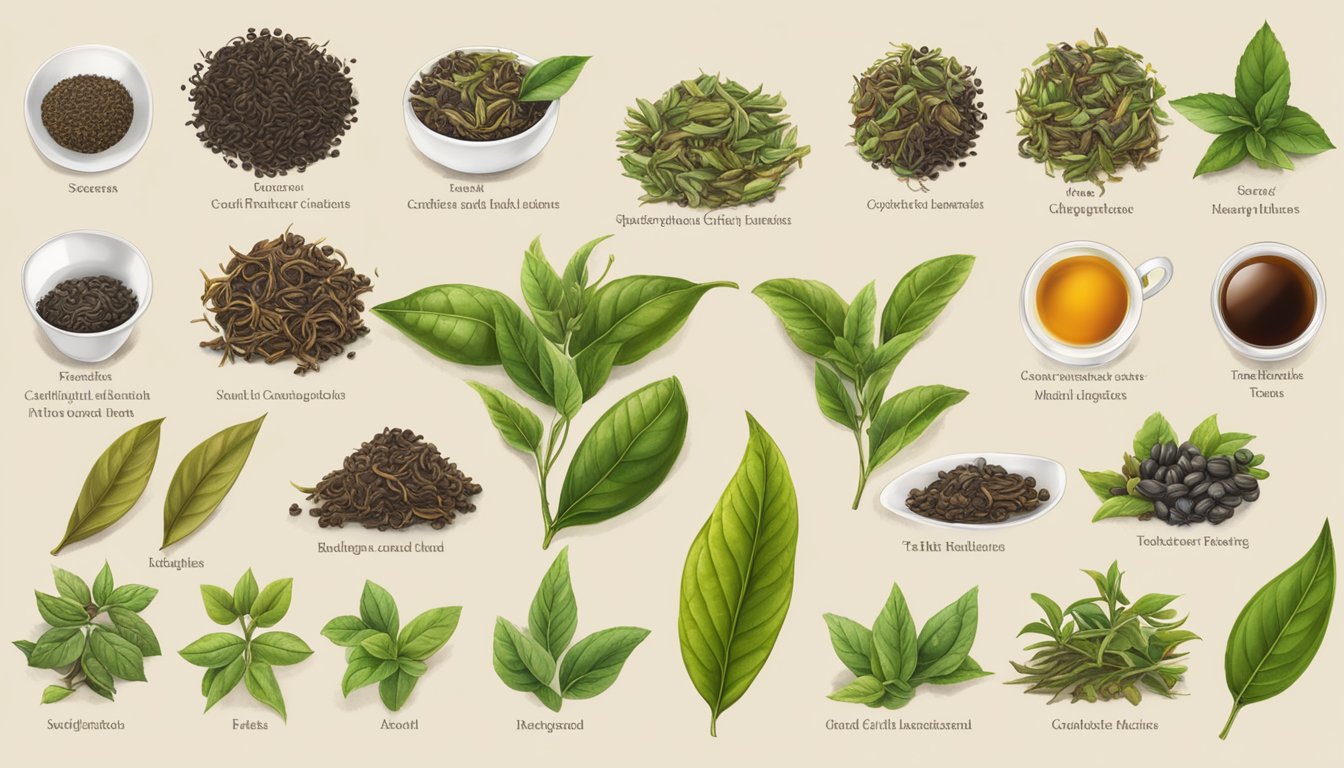 A variety of tea leaves, with visible ingredients such as caffeine and tannins, and a list of associated health concerns