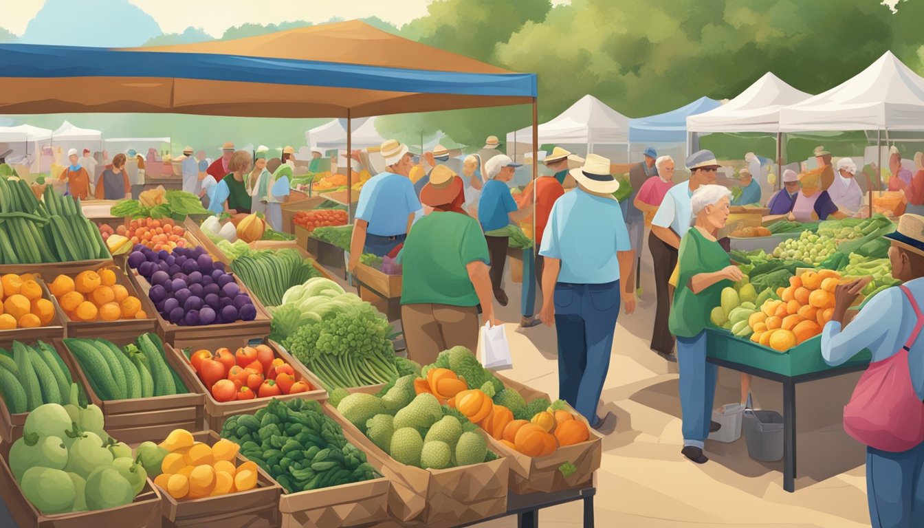 A vibrant farmers' market in Texas with an array of fresh fruits, vegetables, and local produce. The scene is bustling with seniors engaging in social interactions and making healthy food choices