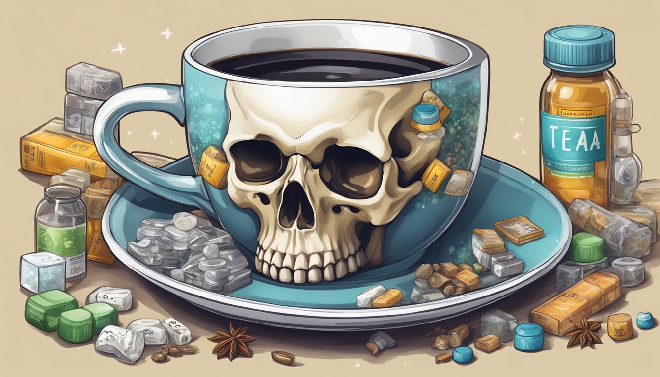 A cup of tea with a skull and crossbones symbol on the label, surrounded by various medications and health condition symbols