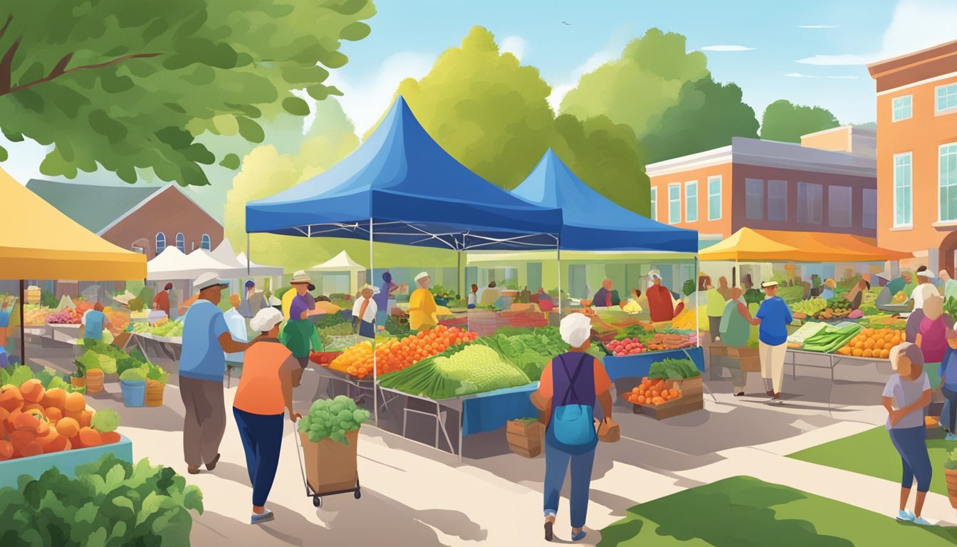 A vibrant farmers' market with fresh produce, a community center hosting wellness workshops, and seniors enjoying outdoor exercise in a park