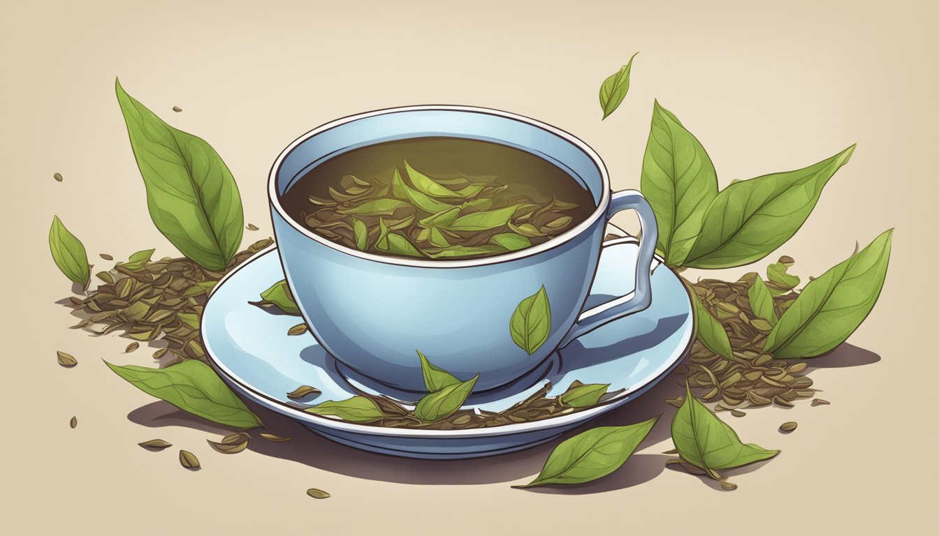 A broken tea cup surrounded by wilted tea leaves and a warning label