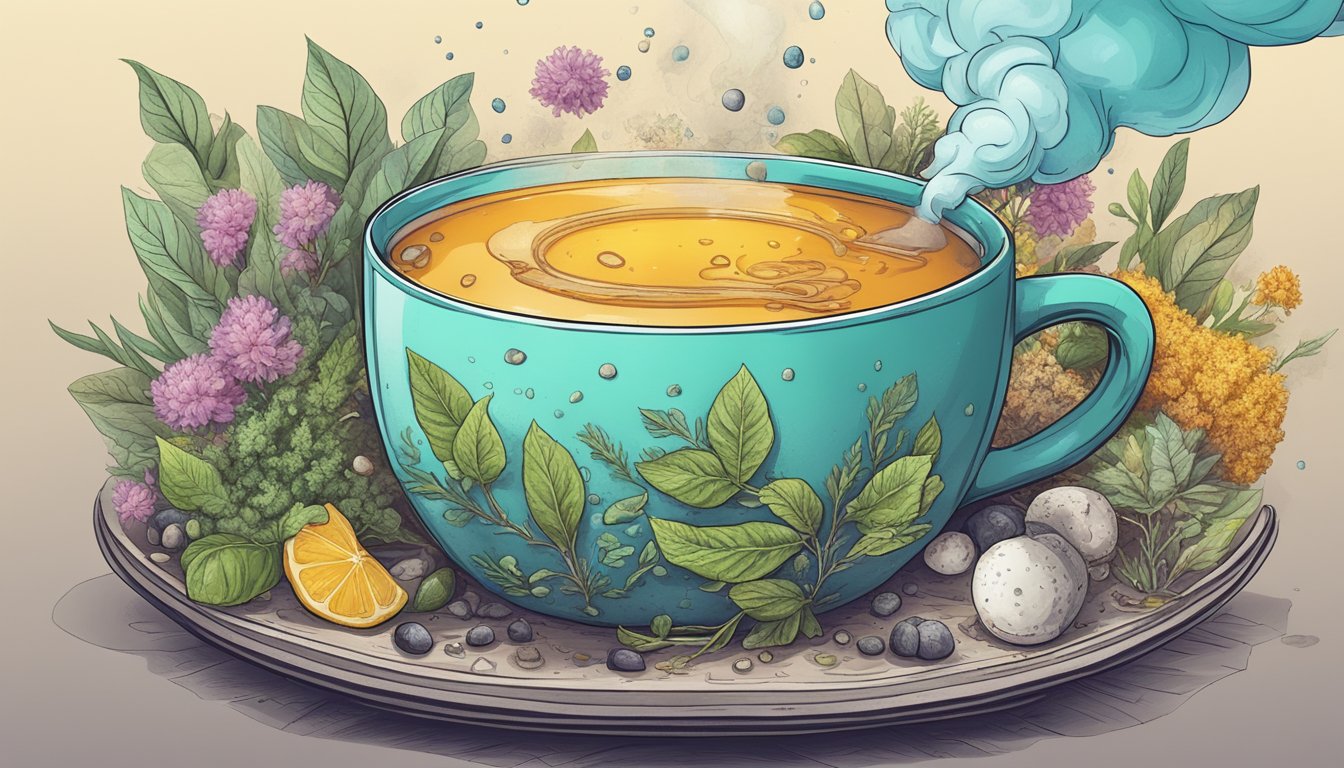 A steaming cup of tea surrounded by toxic ingredients like pesticides, heavy metals, and artificial flavors