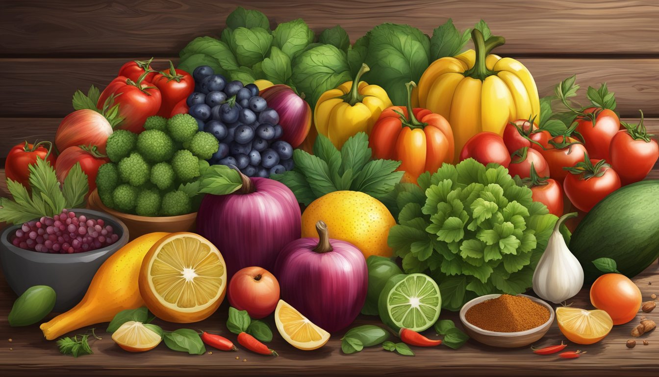 A colorful spread of fresh fruits, vegetables, and herbs, alongside traditional Texan spices and flavors, arranged on a rustic wooden table