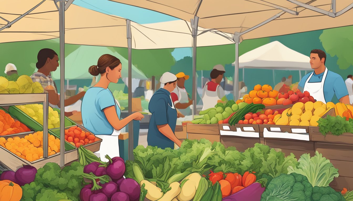 A colorful farmers' market in Texas, with an abundance of fresh fruits, vegetables, and local produce. A chef preparing a healthy Texan meal