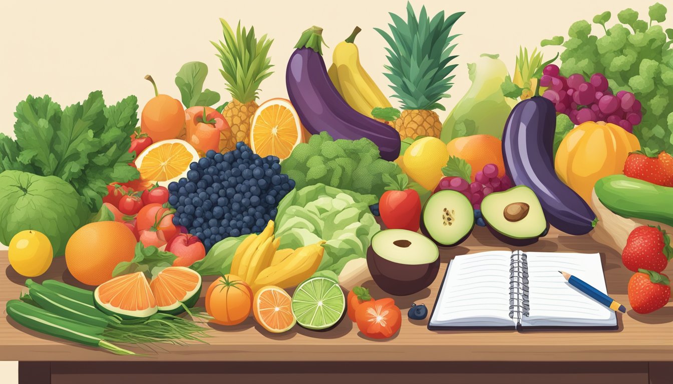 A colorful array of fresh fruits, vegetables, and lean proteins arranged on a table, alongside a journal and pen