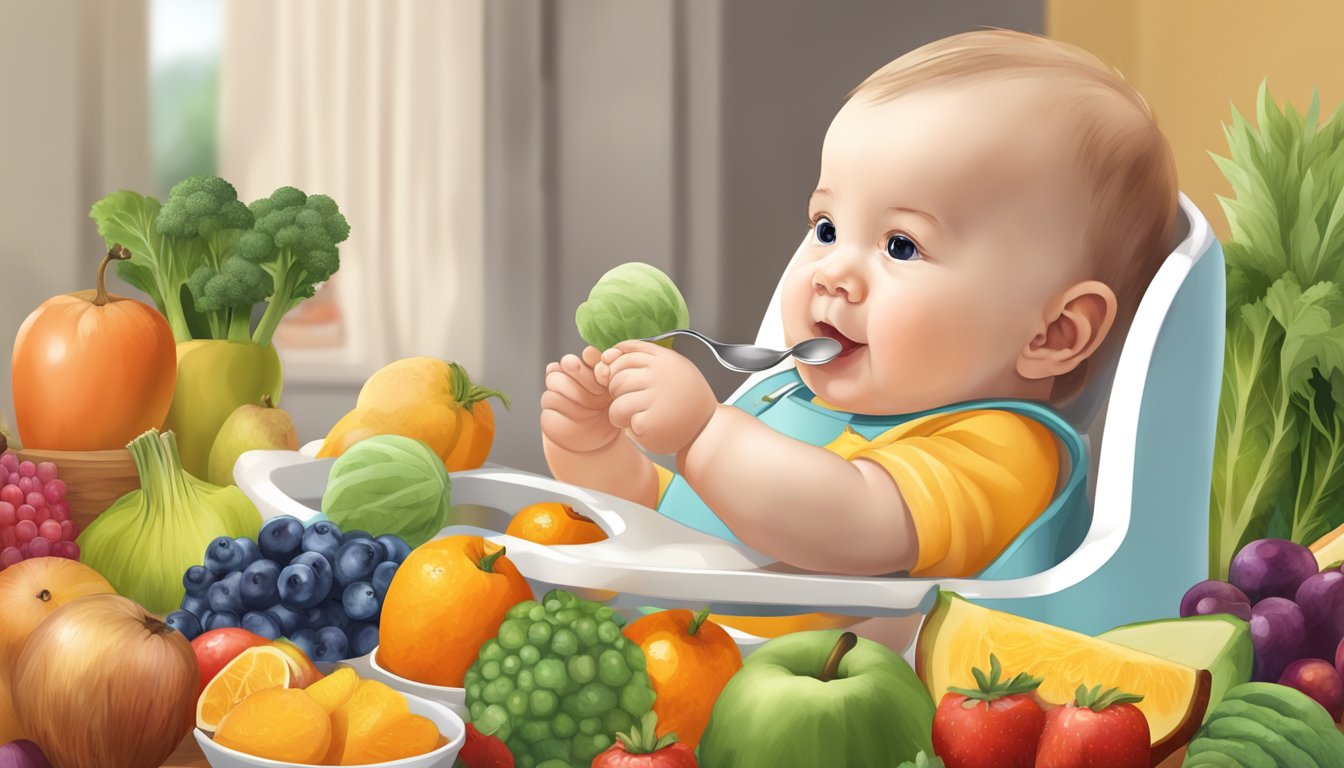 A 6-month-old baby sitting in a high chair, surrounded by colorful and healthy fruits and vegetables, with a parent feeding them with a spoon