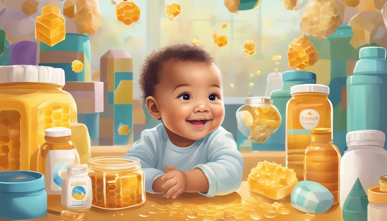 A smiling baby surrounded by colorful illustrations of honey and honey-related products, with a concerned parent looking on attentively