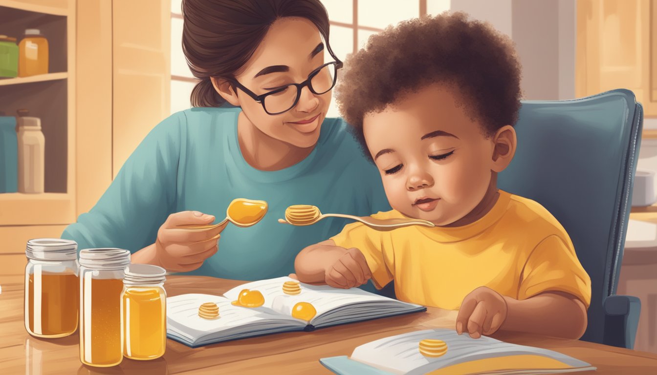 A baby sitting in a high chair with a parent feeding them a spoonful of honey, while a book titled "Managing Risks: Is Honey Safe for Babies?" sits open on the table