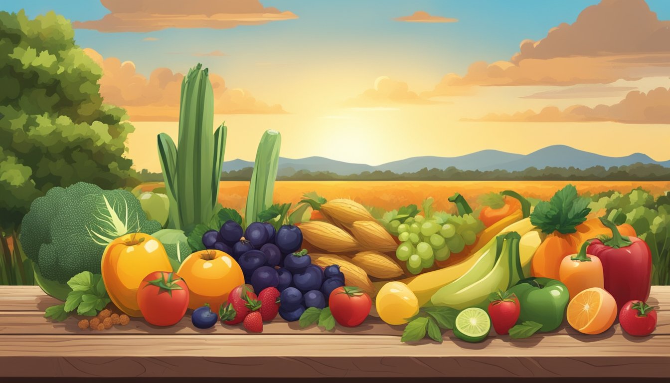 A colorful spread of fresh fruits, vegetables, and grains arranged on a rustic wooden table, with a Texas landscape in the background