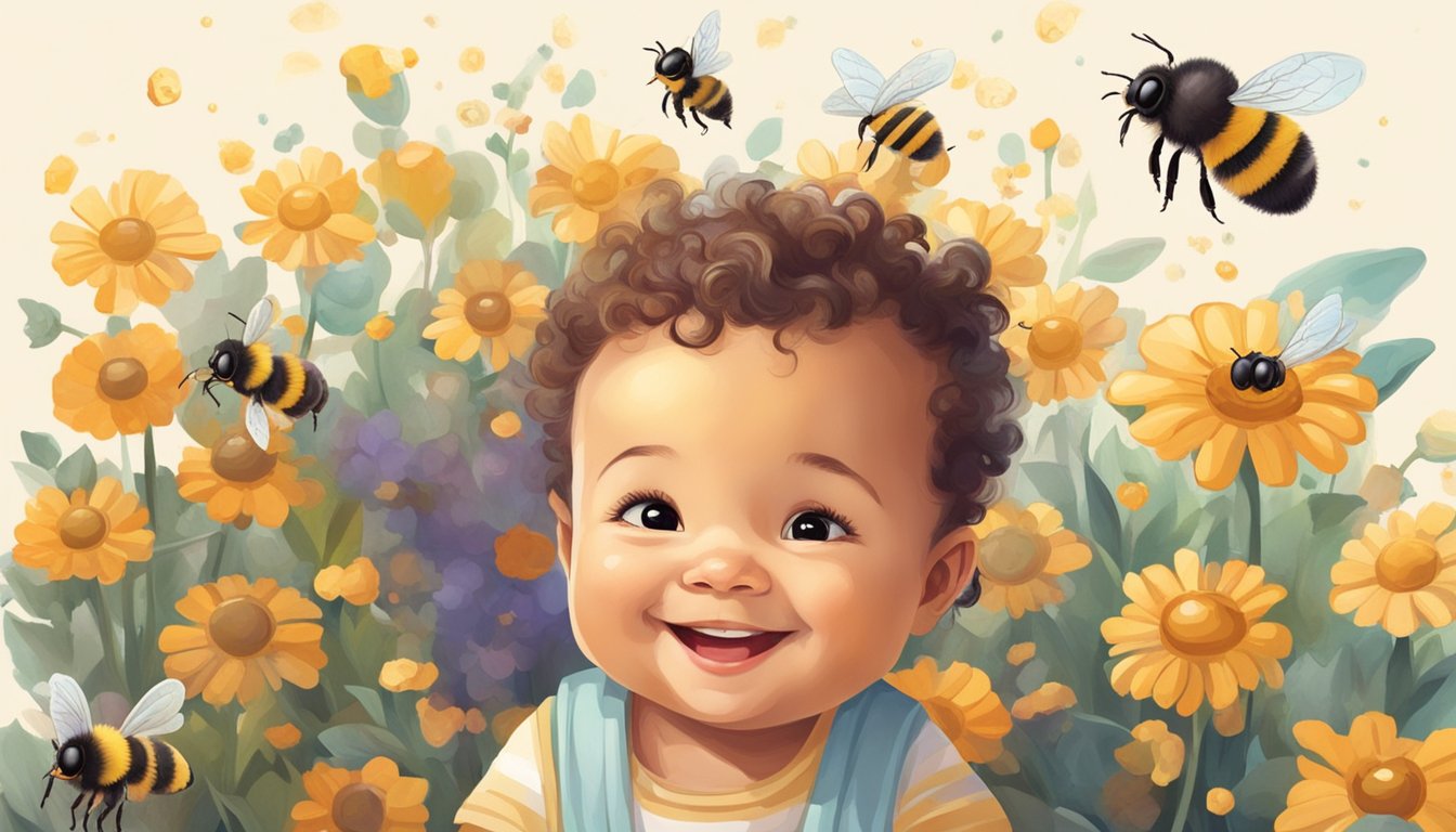 A smiling baby surrounded by colorful and happy honey bees, with a jar of honey and a concerned parent looking on