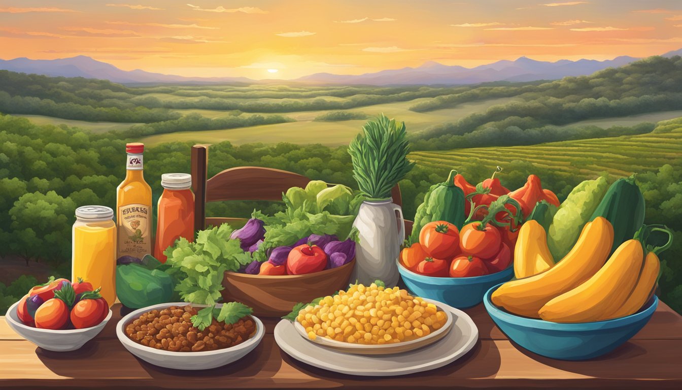 A table set with vibrant, fresh Texan produce, surrounded by iconic Texan flavors and ingredients, with a backdrop of the heart of Texas landscape