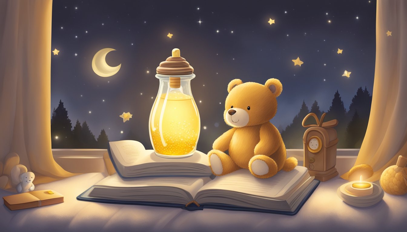 A baby bottle filled with honey sits next to a soothing bedtime storybook, surrounded by soft, comforting blankets and a gentle nightlight