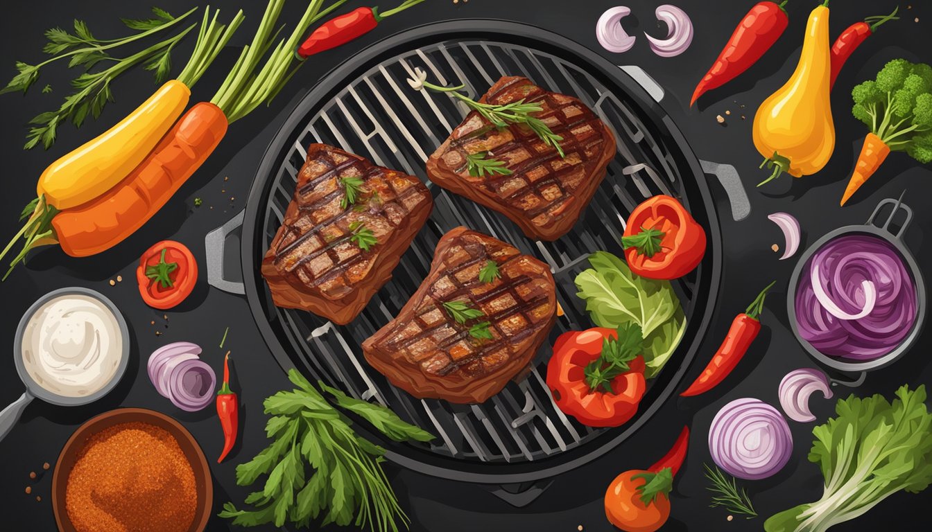 A sizzling grill with colorful vegetables and lean cuts of meat, surrounded by Texan spices and herbs. Smoke billows upward, filling the air with the aroma of healthy, flavorful cooking