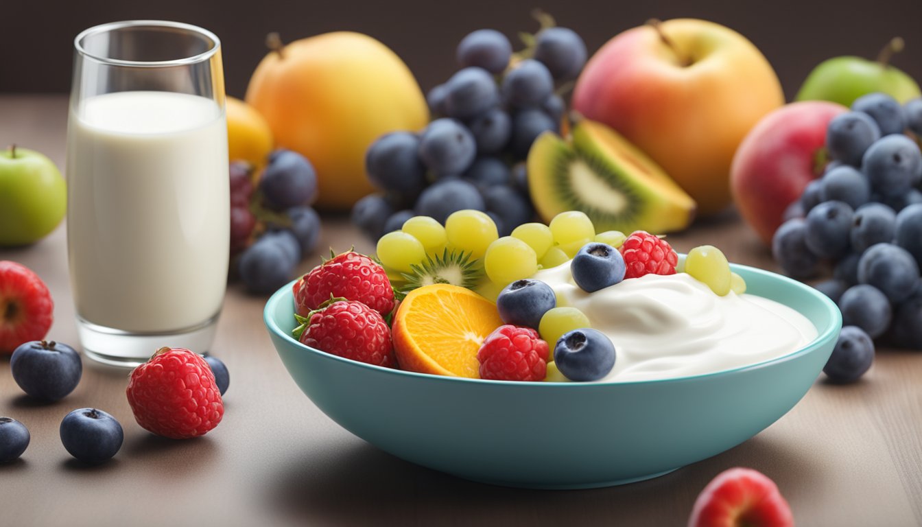 A bowl of yogurt surrounded by colorful fruits and a glass of milk, with a nutrition label in the background