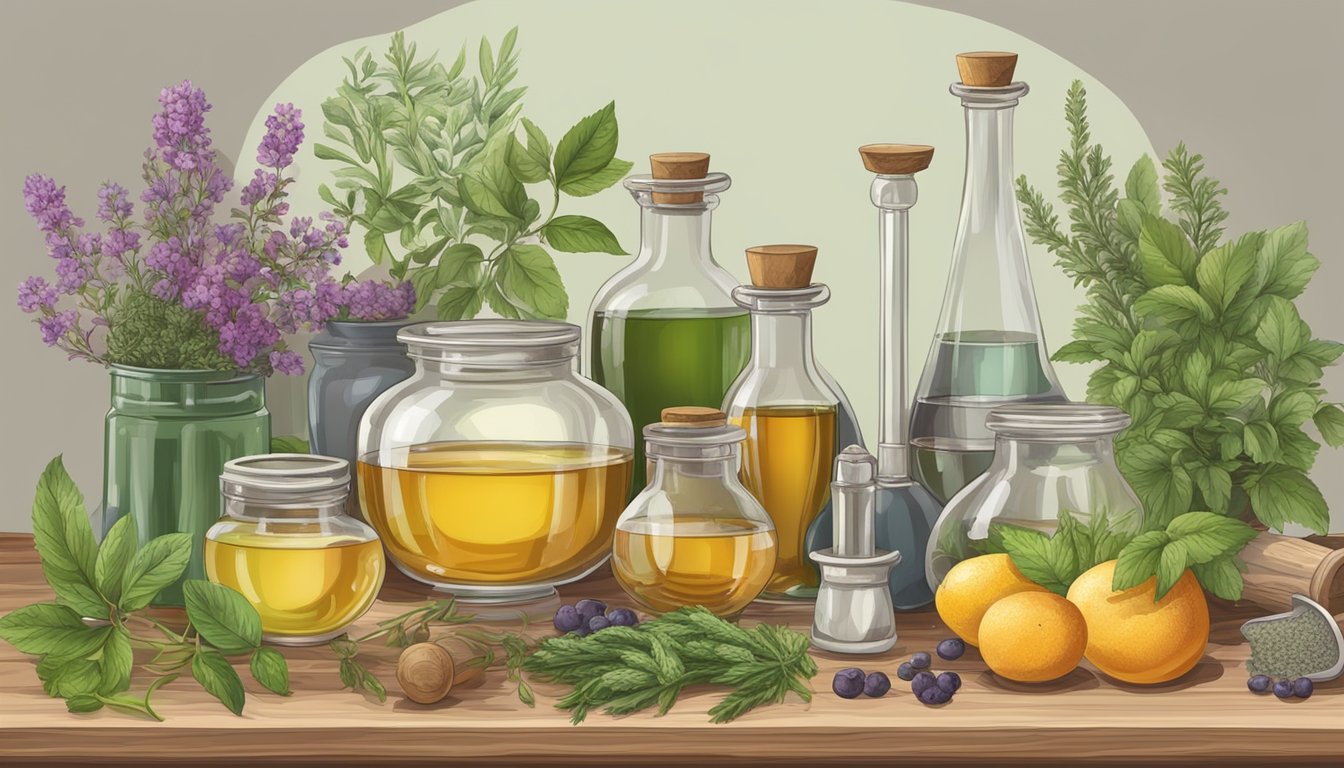 A table with various herbs, flowers, and fruits, along with glass jars, a mortar and pestle, and a distillation apparatus for making homemade essential oils