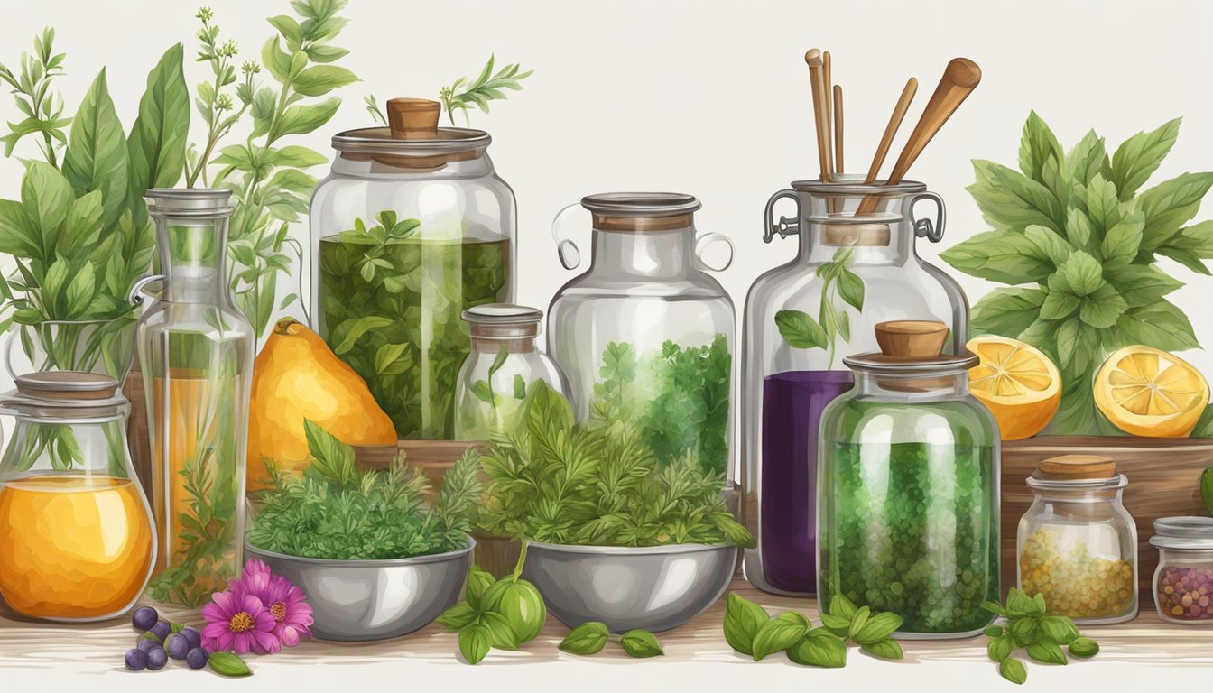 A table with various herbs, flowers, and fruits, along with glass jars, a mortar and pestle, and a distillation apparatus for making essential oils at home