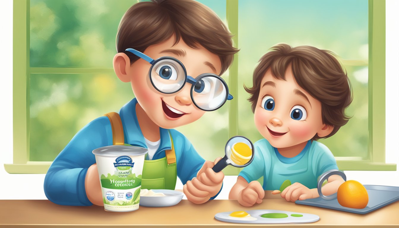 A child-friendly yogurt label being examined with a magnifying glass