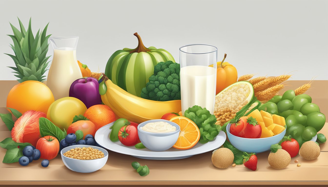 A colorful array of fruits, vegetables, grains, and proteins arranged on a plate, with a glass of milk on the side