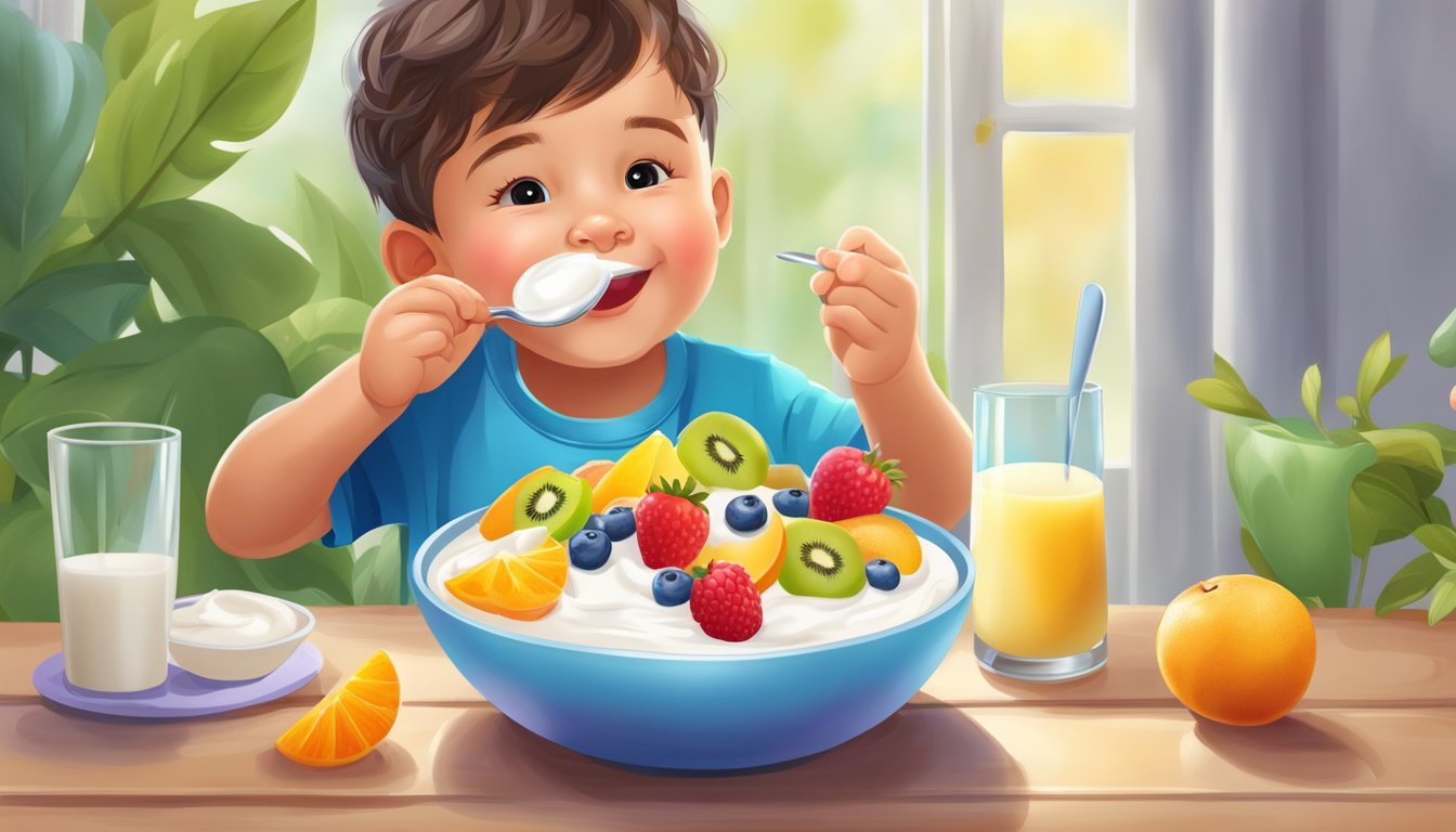 A child happily eating a bowl of yogurt with a spoon, surrounded by colorful fruits and a glass of milk