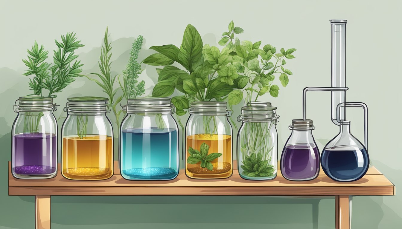 A table with various glass jars, fresh herbs, and a distillation apparatus set up for making essential oils at home