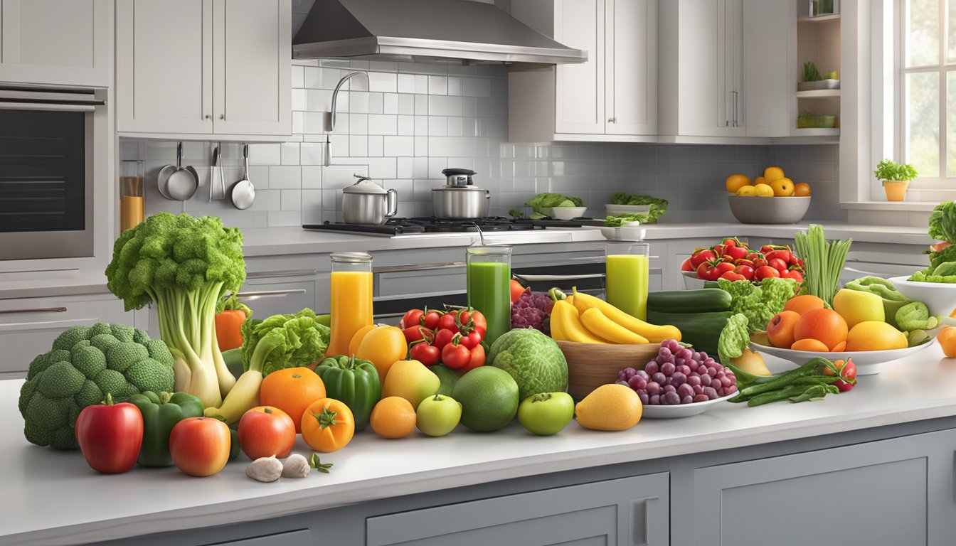 A colorful array of fresh fruits and vegetables arranged on a clean, organized kitchen counter, with a variety of healthy meal options visible in the background