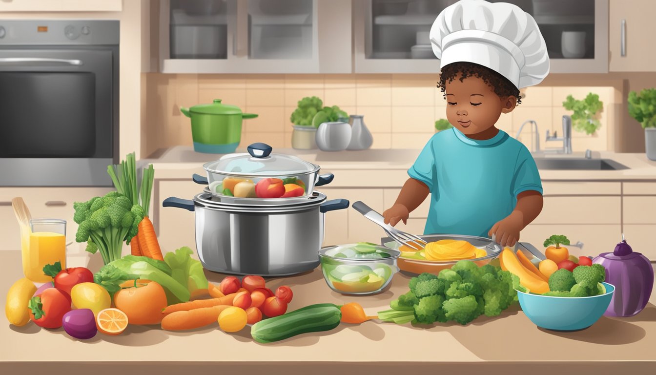 A toddler's meal being prepared with fresh fruits and vegetables, a clean kitchen, and safe cooking utensils