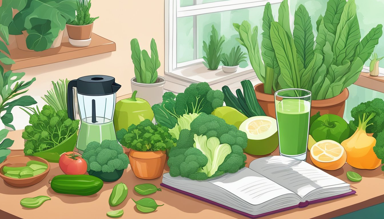 A table with fresh green vegetables, a blender, and a glass of keto green smoothie surrounded by vibrant plants and a book on the keto diet