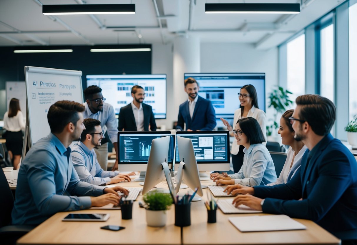 A bustling office environment with diverse employees collaborating on computer screens, whiteboards, and discussing AI projects
