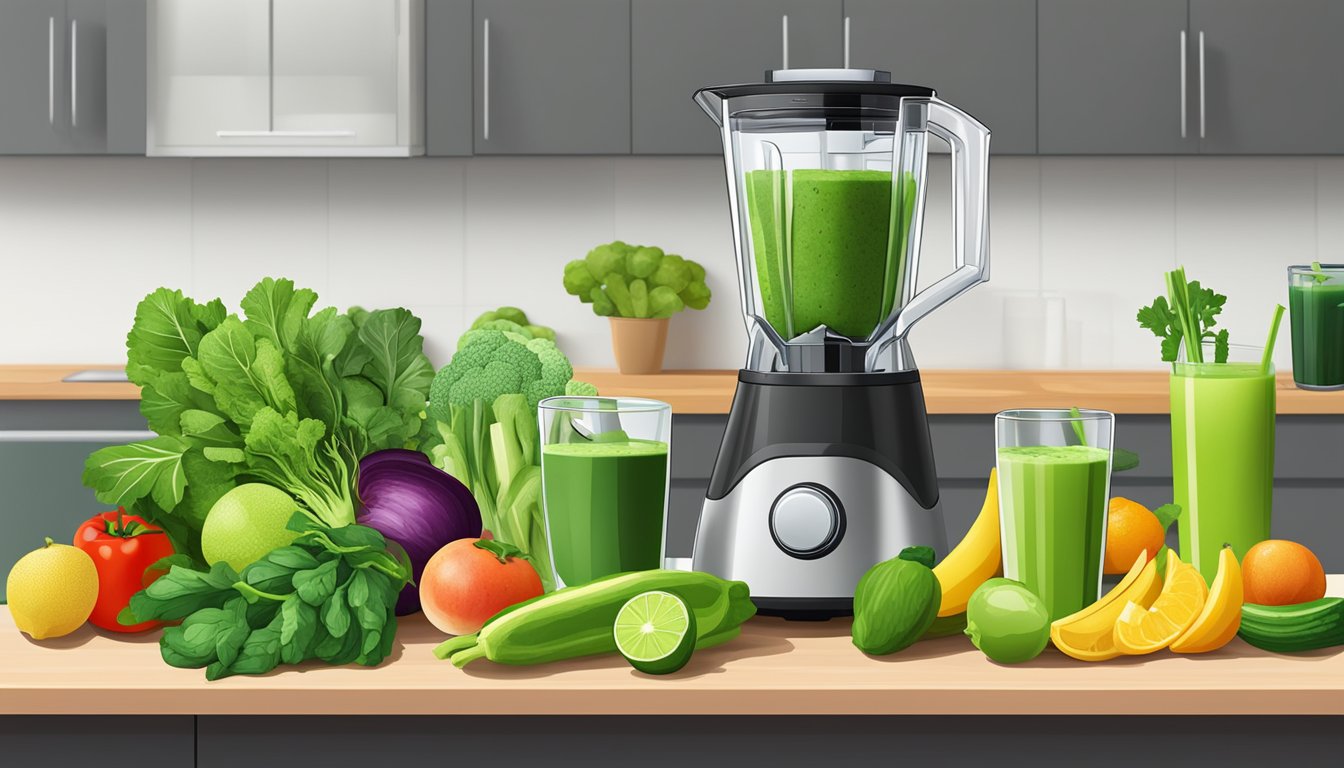 A colorful array of fresh green vegetables and fruits arranged on a kitchen counter, with a blender and a glass of green smoothie