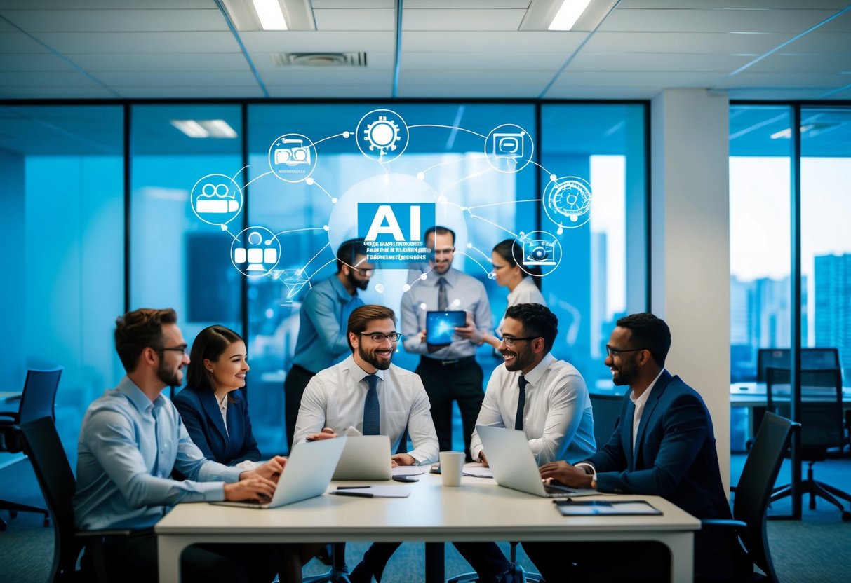 An office setting with diverse professionals collaborating on AI research and development projects