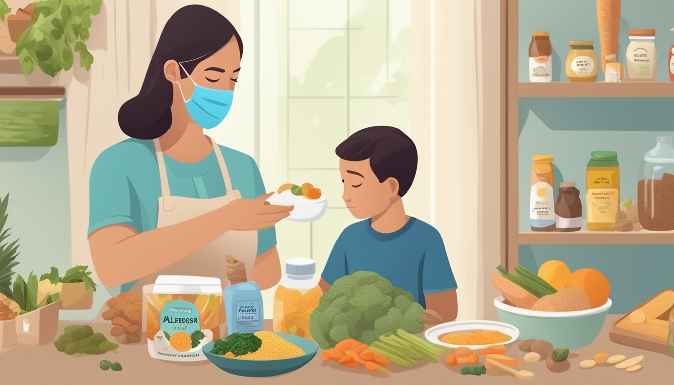 A parent carefully introducing allergenic foods to a young child, surrounded by a comprehensive guide and various allergenic food options