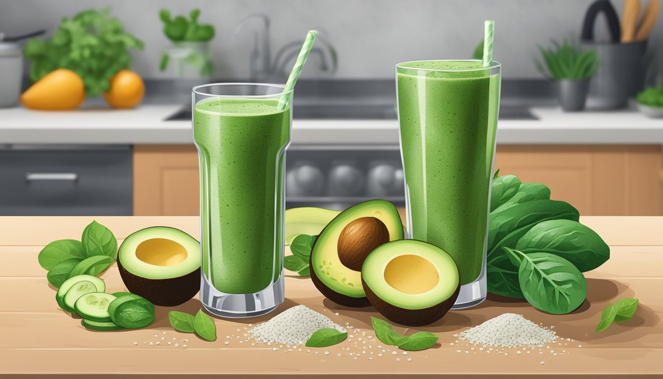 A vibrant green smoothie surrounded by fresh ingredients like spinach, avocado, and cucumber. A blender and a scattering of chia seeds and coconut flakes are also present on the countertop