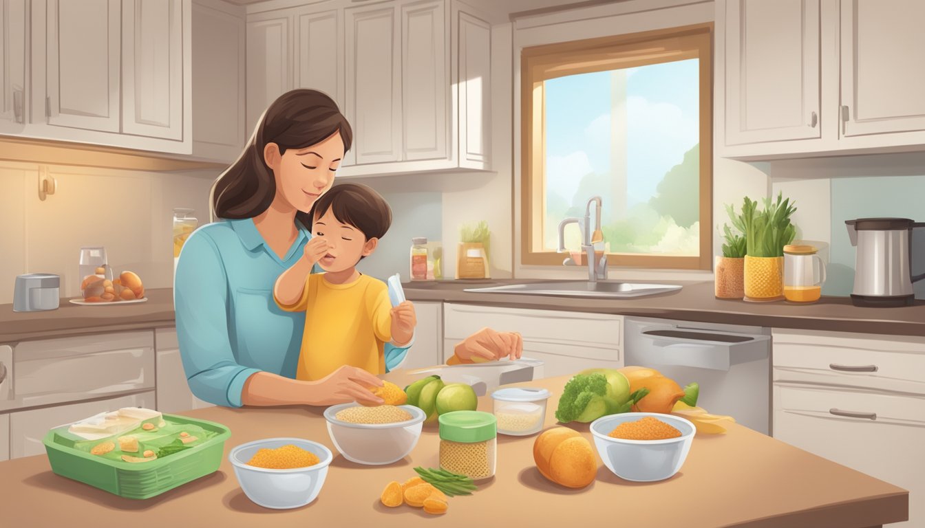 A parent carefully introducing allergenic foods to a child, while monitoring and managing any potential reactions