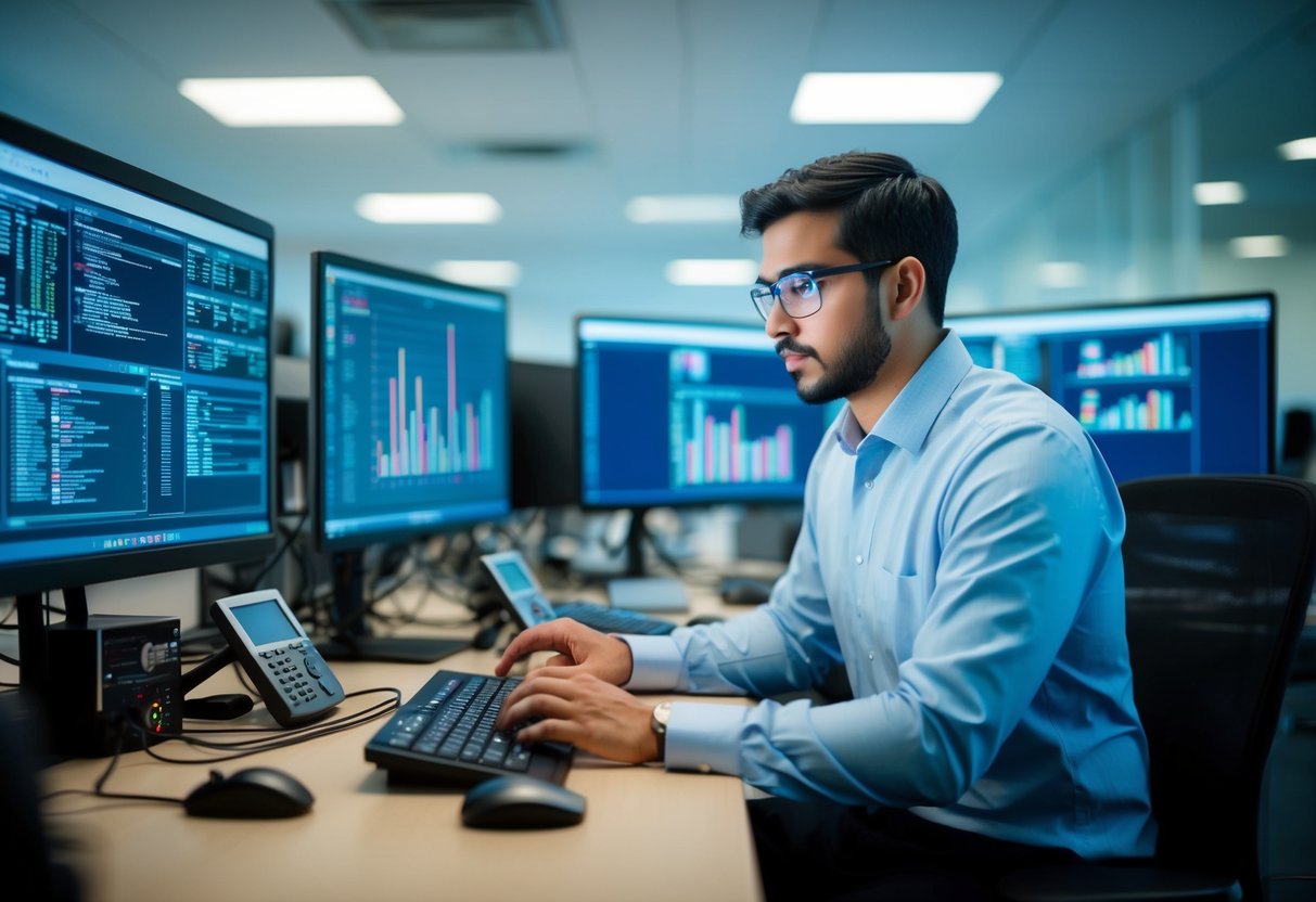A computer vision engineer analyzing data and algorithms, surrounded by computer screens and technology equipment in a modern office setting