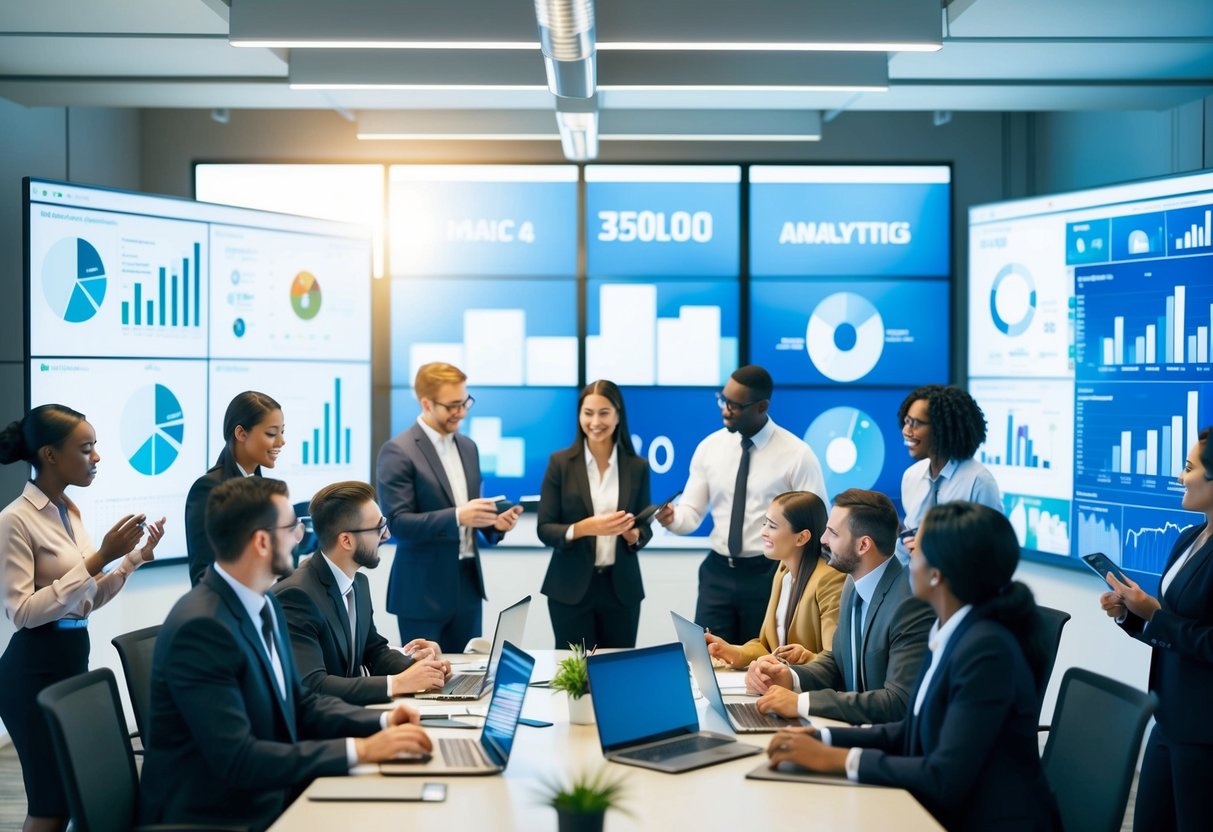 A bustling office environment with diverse professionals collaborating around a central conference table, surrounded by digital screens displaying data and analytics