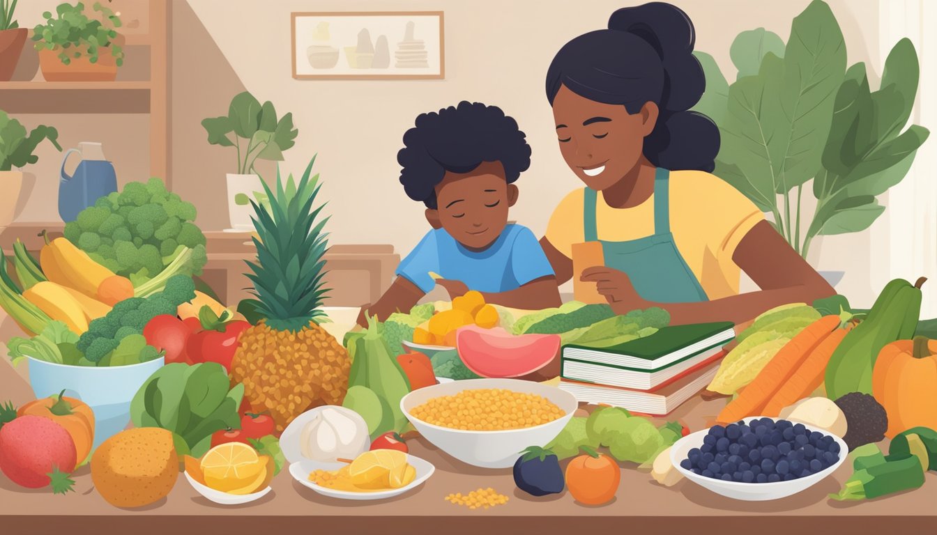 A diverse array of colorful fruits, vegetables, grains, and proteins arranged on a table, with a parent and child reading a book about introducing allergenic foods safely