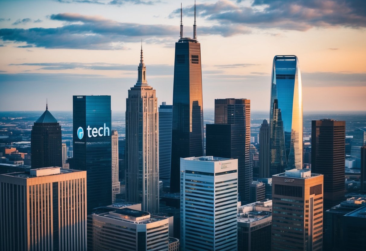 A bustling city skyline with various office buildings and tech company logos displayed prominently