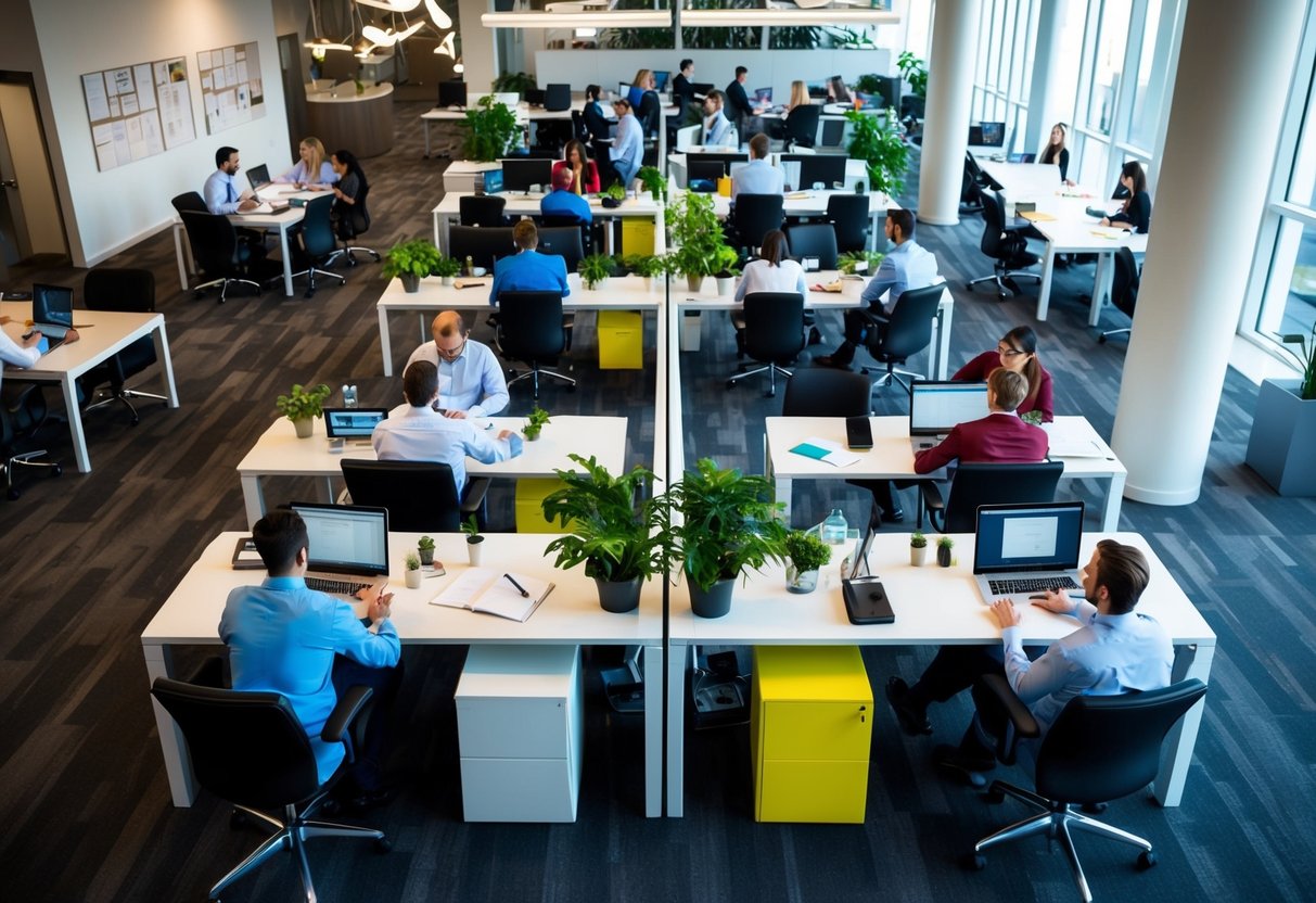 A bustling office environment with employees working at desks, collaborating in meeting rooms, and brainstorming in common areas. The space is modern and filled with natural light