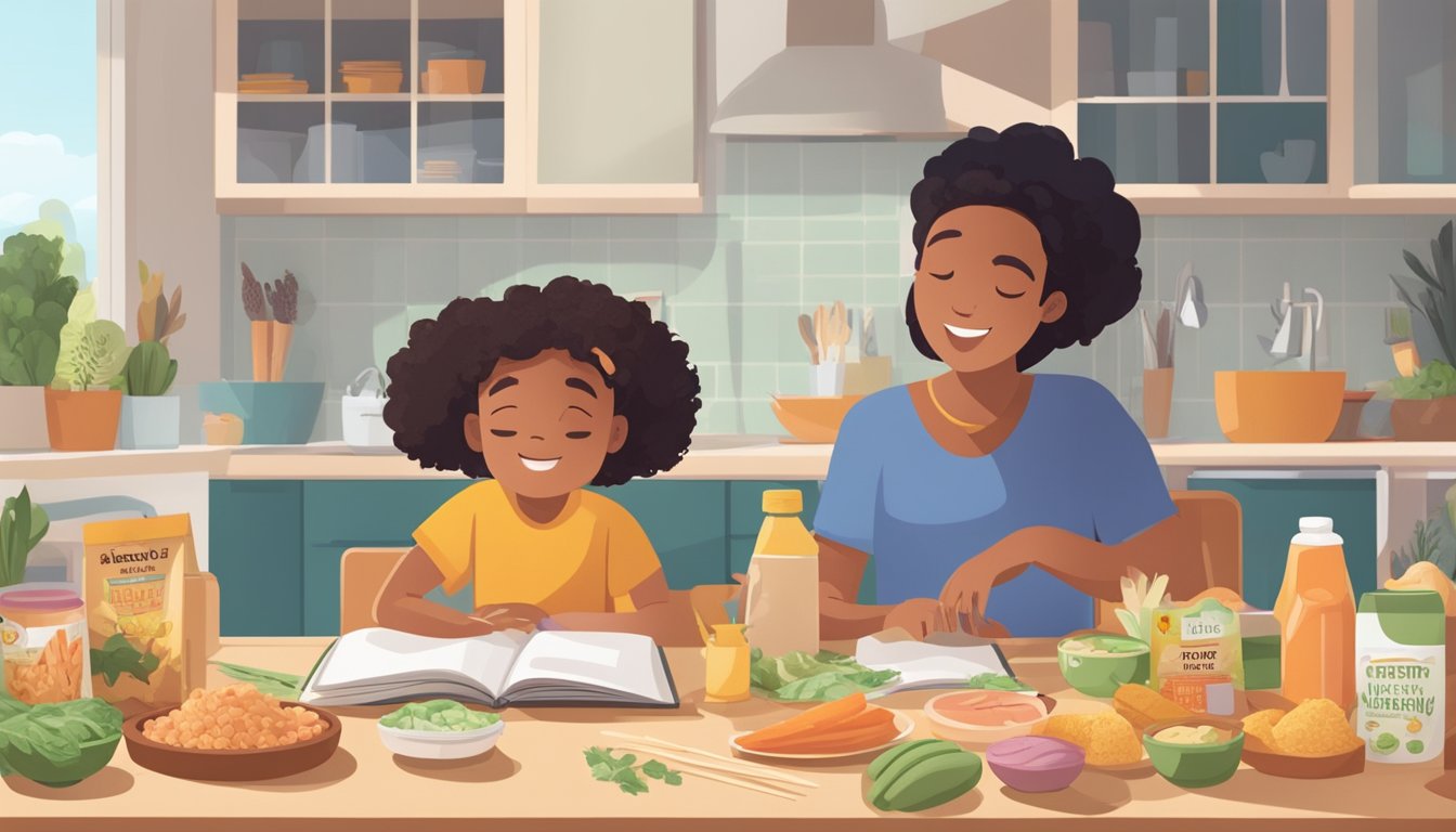 A parent and child sit at a table surrounded by various allergenic foods, carefully following a guidebook. The child looks excited, while the parent appears cautious but supportive