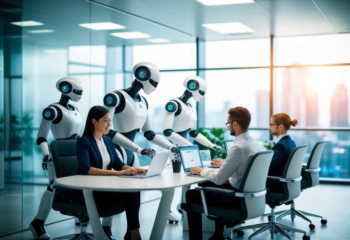 A futuristic office with sleek AI robots working alongside human employees