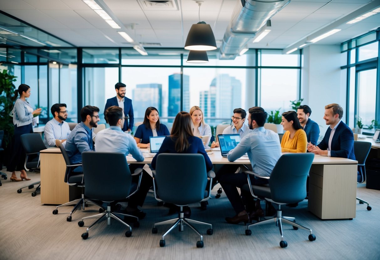 A bustling office environment with diverse teams collaborating on AI projects, from startups to large enterprises