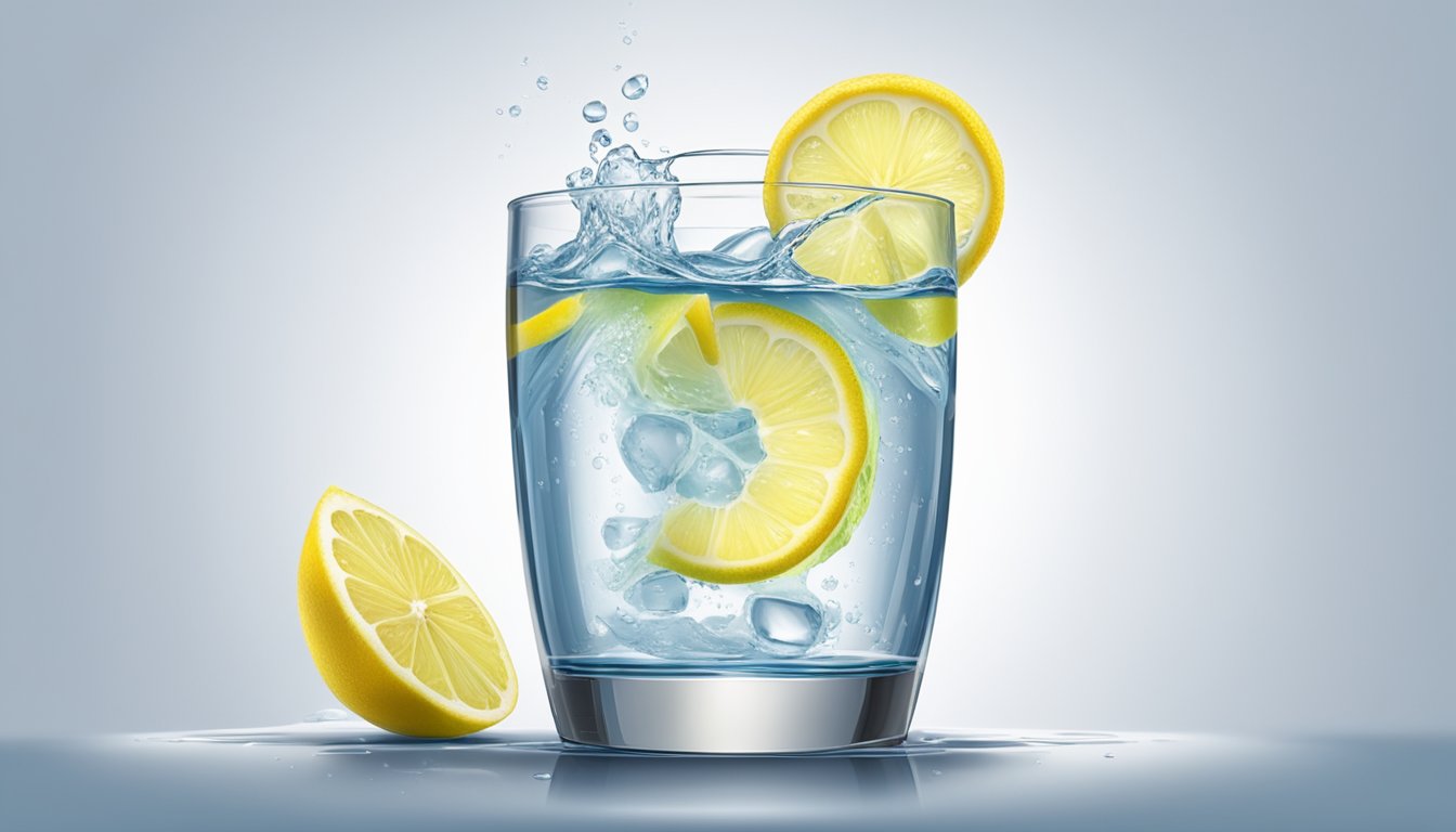 A glass of water with a slice of lemon on the rim, condensation forming on the outside of the glass