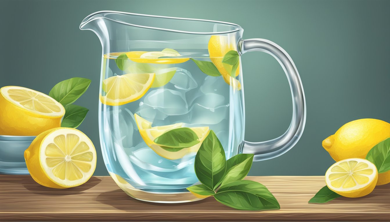 A glass pitcher filled with water and slices of lemon on a wooden table