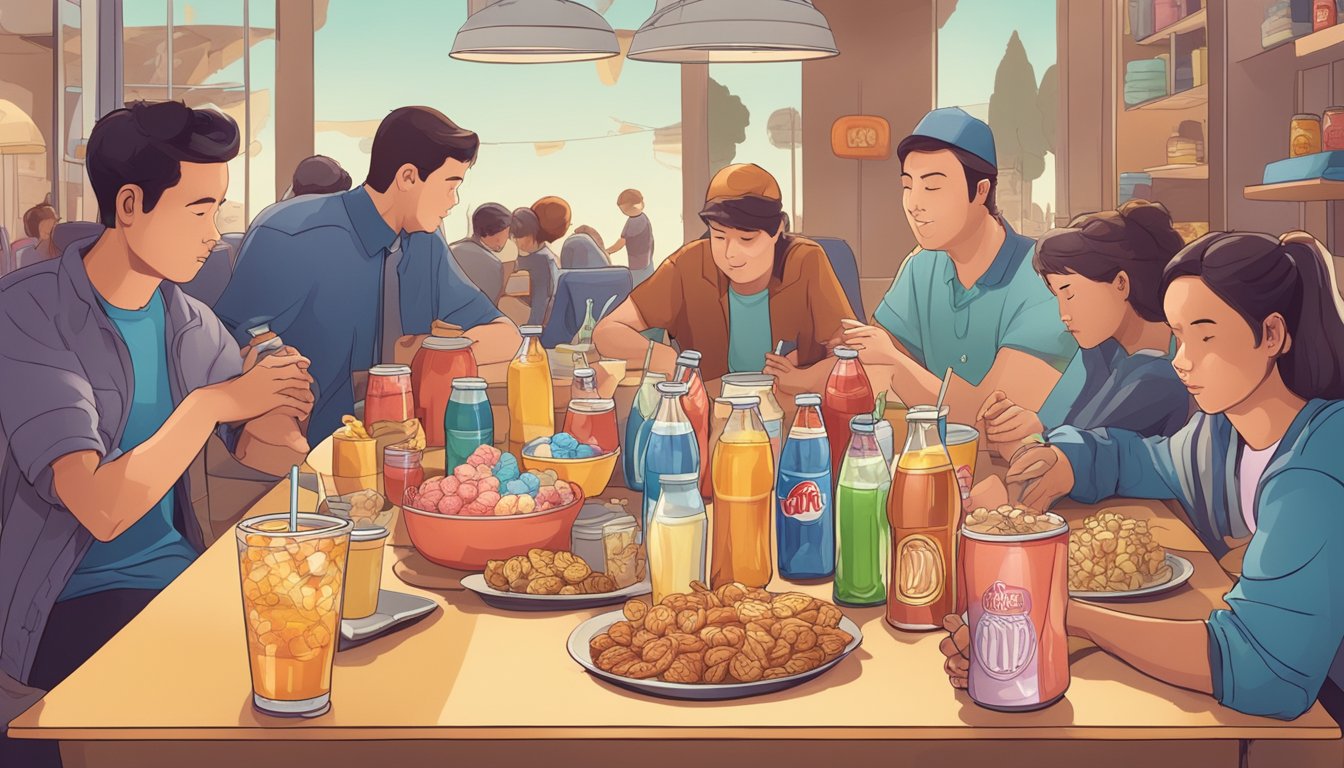 A table filled with sugary drinks and snacks, surrounded by tired, sluggish people