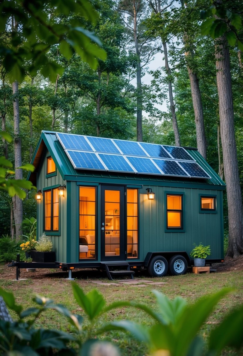 A cozy, off-grid tiny house nestled in the woods, complete with solar panels, a rainwater collection system, and a lush garden