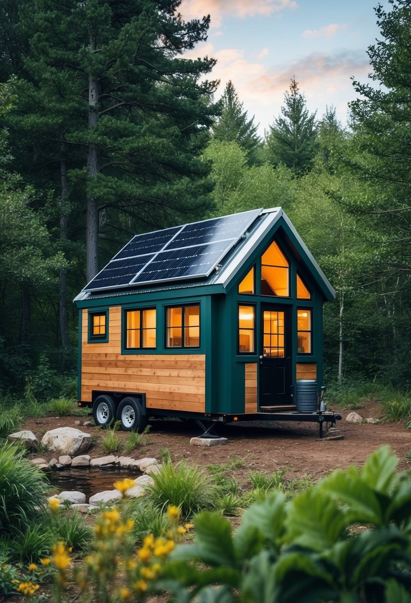 A cozy off-grid tiny house nestled in the wilderness, surrounded by lush greenery and equipped with solar panels and a rainwater collection system