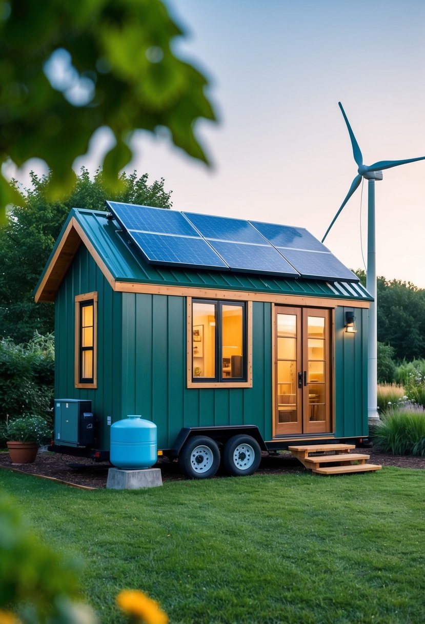 A cozy off-the-grid tiny house with solar panels, wind turbine, rainwater collection, and lush garden