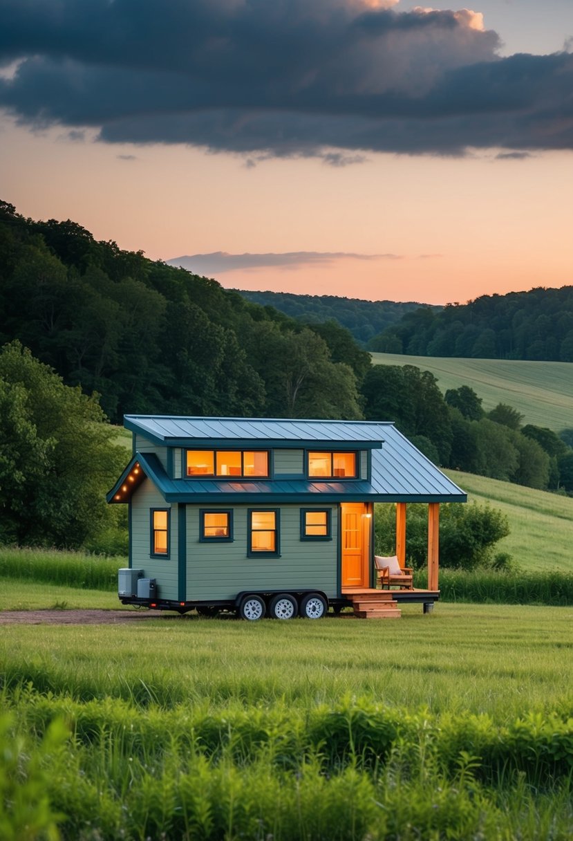 A cozy off-the-grid tiny house nestled in a serene rural setting, surrounded by lush greenery and rolling hills