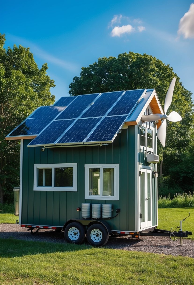 A tiny home with solar panels, wind turbine, and rainwater collection system, surrounded by lush greenery and a clear blue sky